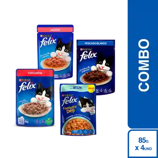 Combo Purina Felix Snack Húmedo Gatos Salmón+Atún+Carne+Pescado