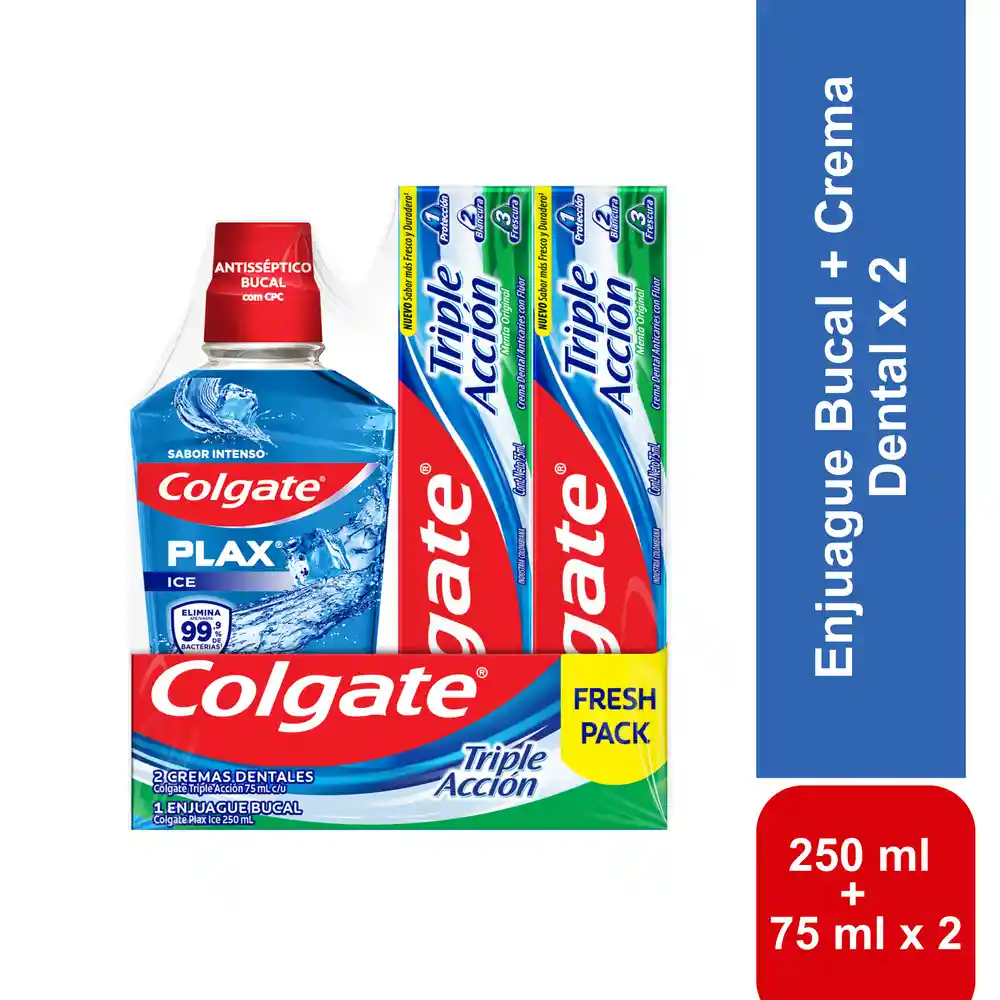 Enjuague Bucal Colgate Plax Ice 250ml y Crema Dental Colgate Triple Acción 75ml x 2