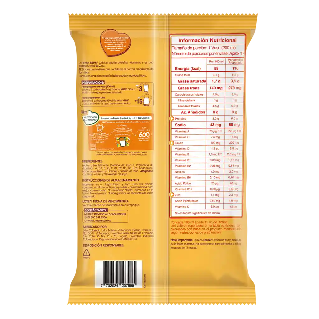 Leche en polvo KLIM Clásica x 414g gratis 54g