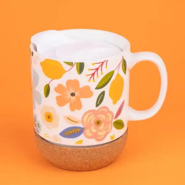 Taza Cerámica Con Tapa y Fondo de Corcho Flower 300 mL Miniso