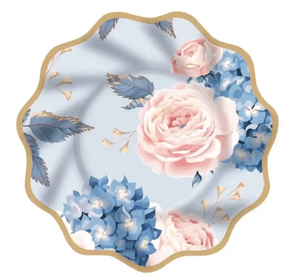 Playmart Flor Azul y Palo Rosa Plato de Papel 9 In -