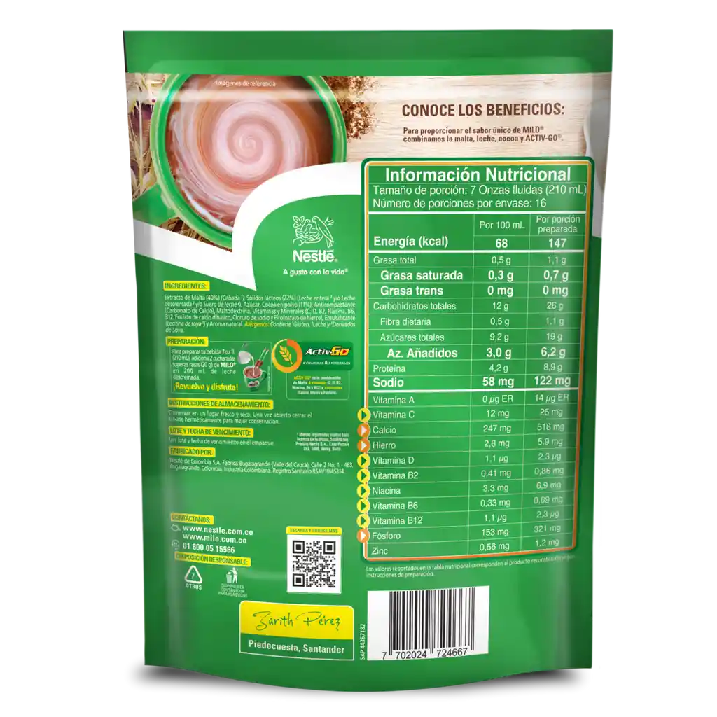 Bebida achocolatada con malta MILO ACTIV-GO x 320g
