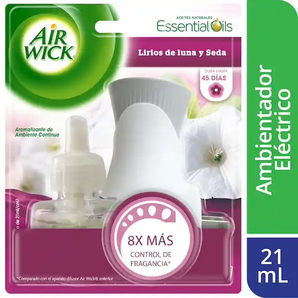 Air Wick Eléctrico Lirios de Luna y Seda. Aparato Difusor Mas Fragancia 21 mL. Aromatizante de Ambiente Continuo. 8 x Más Control de Fragancia. Sku 205877