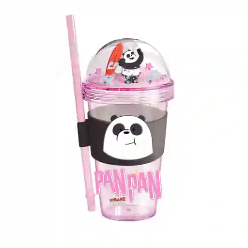 Vaso Con Diamantina Pitillo y Funda Serie Wbb Panda Rosa Miniso