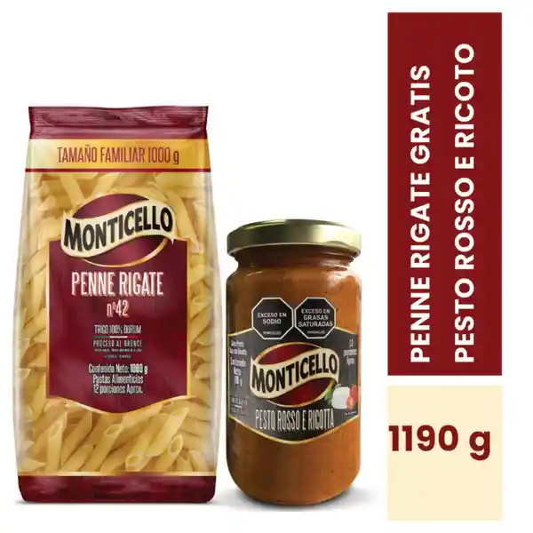 Monticello penne rigate x 1000 gramos gratis salsa Pesto Rosso x 190 gramos