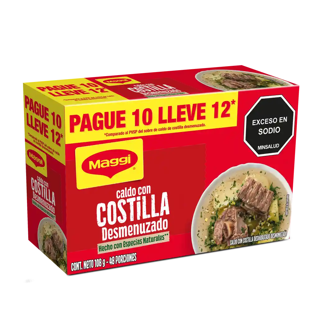 Caldo con Costilla MAGGI Desmenuzado paga 10 lleva 12 sobres x 108g