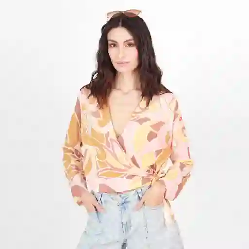 Blusa Cuello V Manga Larga Con Lazo Multicolor Talla S 694605