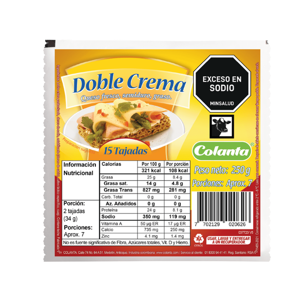 Queso Doble Crema Fresco Colanta Semiduro Graso 250 g