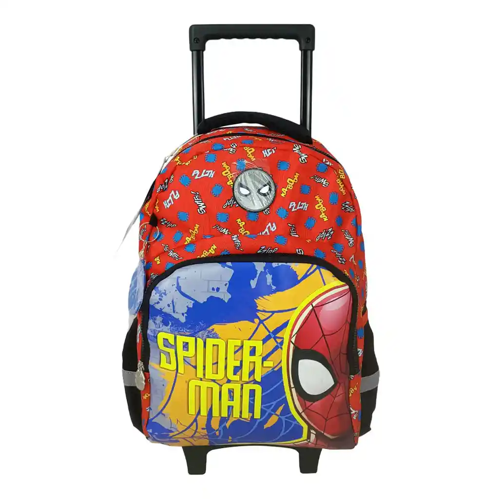 Morral Premium Con Ruedas Grande Spiderman In Front Fondo Rojo
