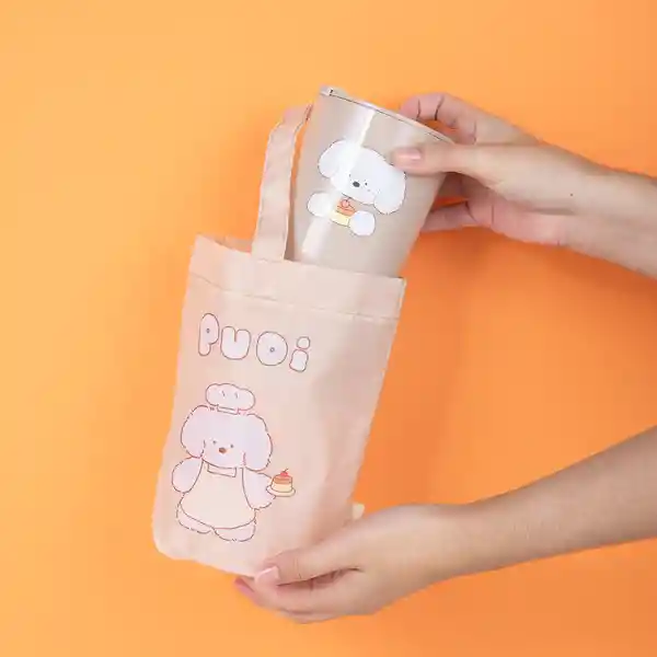 Vaso de Plástico Guji Guji Con Bolsa de Tela Café Miniso