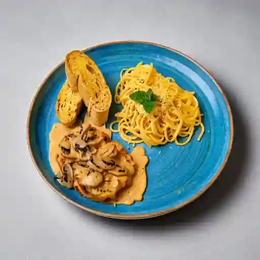 Pollo Champiñones y Pasta Carbonara
