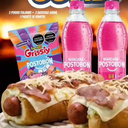 Combo 2perros italiano 2gaseosas + 1goma