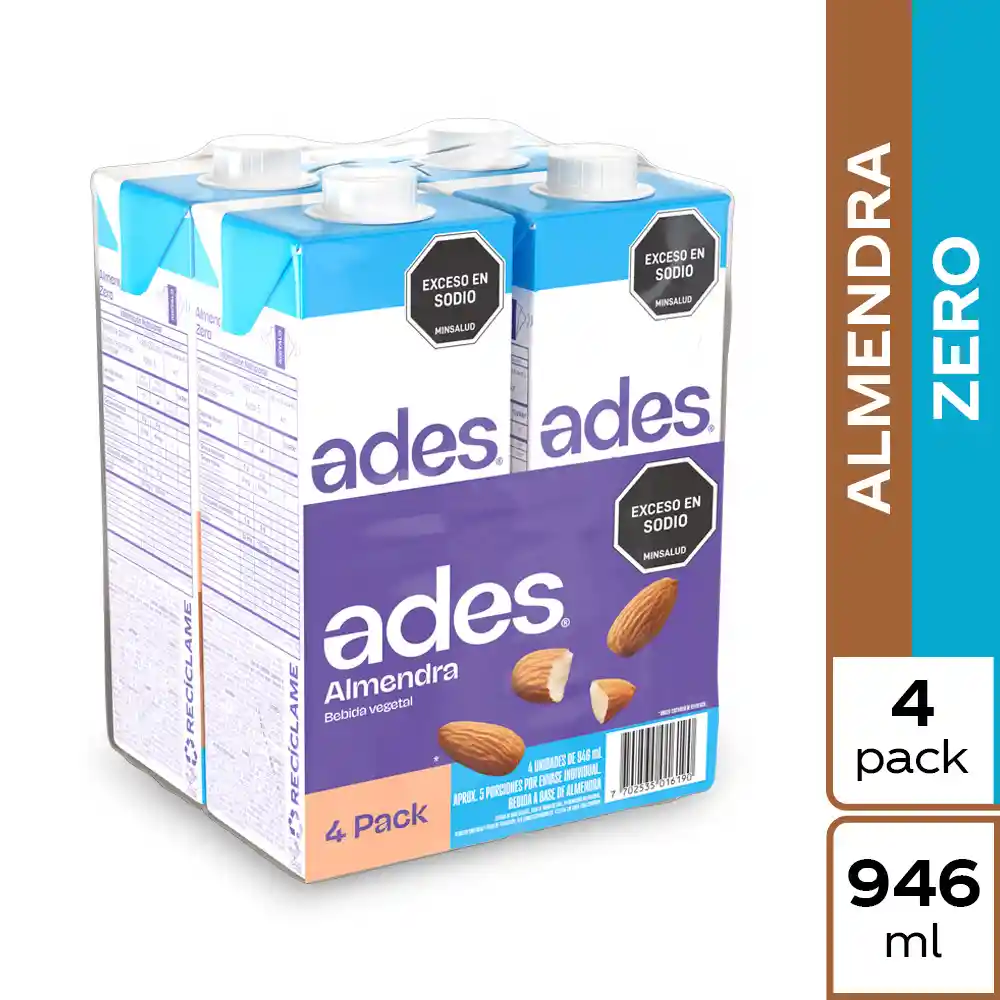 Bebida de Almendras Ades Sin Endulzar 946ml x 4 Unds 