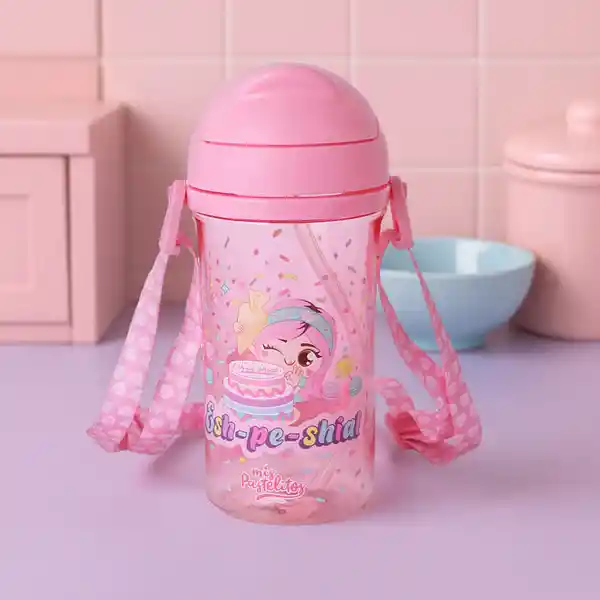 Botella de Plástico Con Pitillo Serie Mis Pastelitos Rosa Miniso