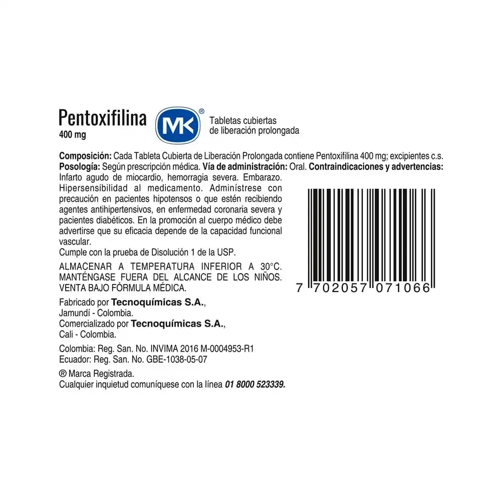 Pentoxifilina Mk (400 mg) 30 Tabletas