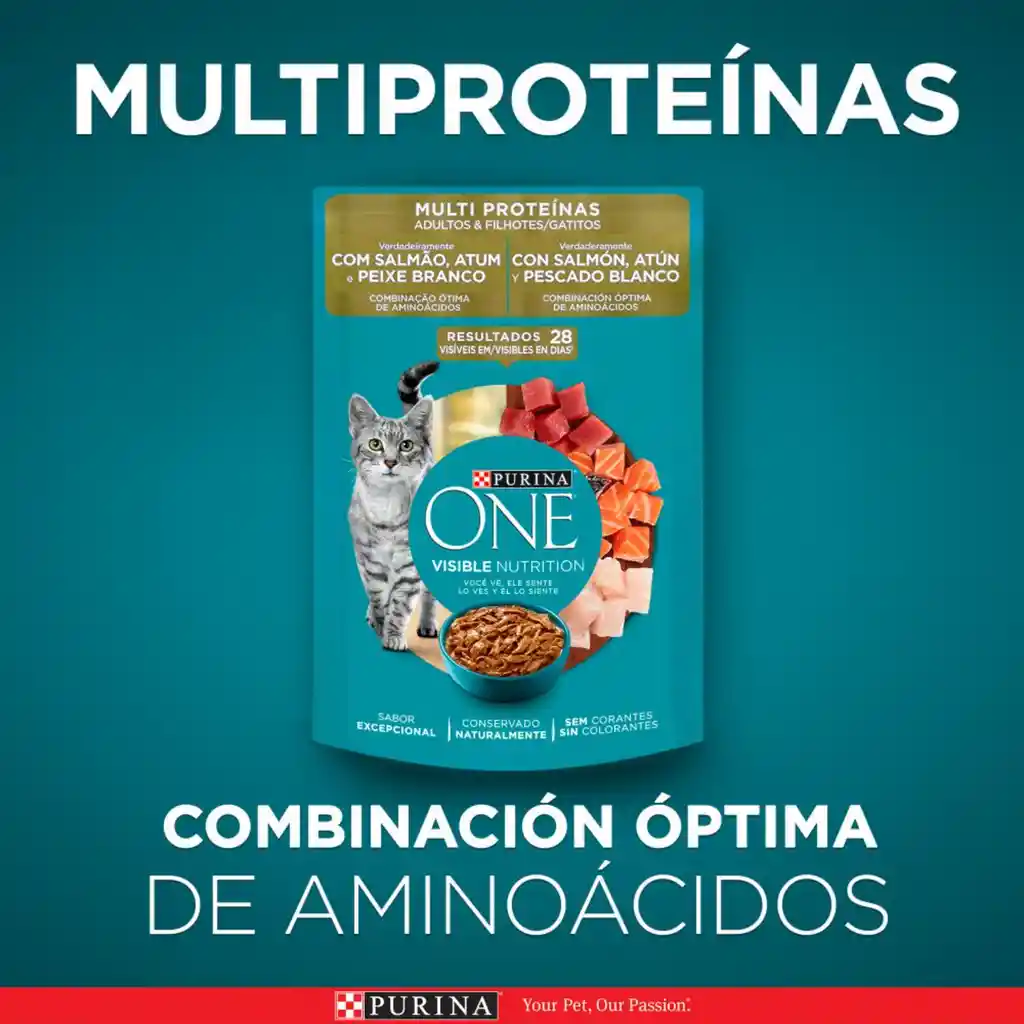 Comida para Gatitos y gatos adultos Purina One sabor a Salmón, atún y pescado blanco x 85gr