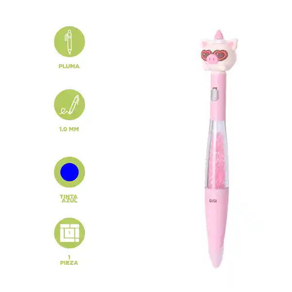 Esfero Con Brillos Tinta Azul Gigi Pig Mini Family Rosa Miniso