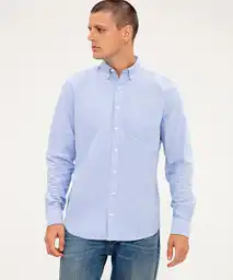 Camisa Manga Larga en Algodón Masculino Azul Liso Modri
