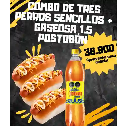 Combo 3 Perros Sencillos + Gaseosa 15 Lt