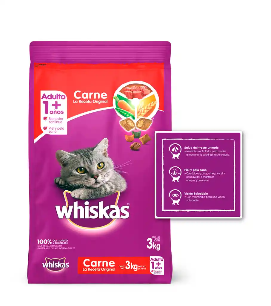 Whiskas alimento para gato adulto carne 3 kg