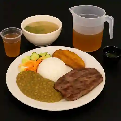 Carne asada con lentejas