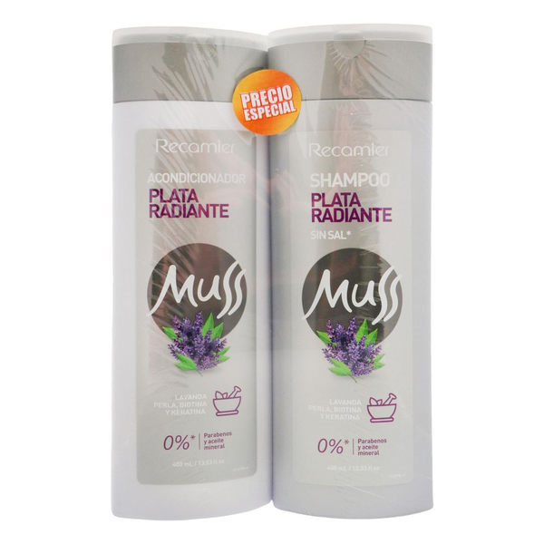 Muss Shampoo y Acondicionador Plata Radiante sin Sal Pote 400 ml