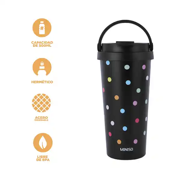 Vaso Acero Asa Dots Negro 500 mL Miniso