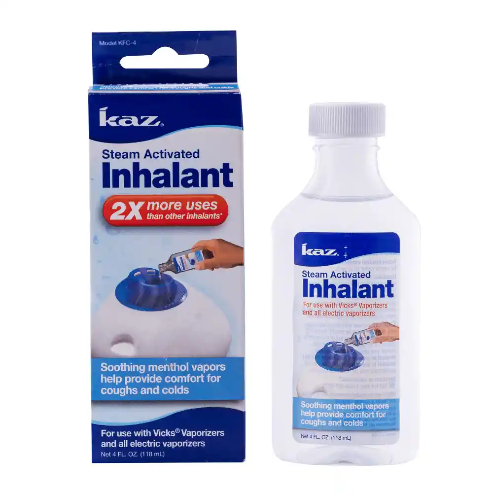 Inhalante Kaz Vaporizador 4 Onzas Referencia: Kfc-4 Registro Sanitario: Cnr2015020690 Características: - Produce Vapor Medicinal Para Aliviar Temporalmente la Tos Asociada Con un Resfriado. - Fórmula a Base de Alcohol Que se Puede Verter en la Taza de Medicina Del Vaporizador o Humidificador. - Aumenta la Acción Del Vapor Para Humedecer Las Vías Respiratorias Secas e Irritadas. - Use Hasta 3 Veces al Día o Según Las Indicaciones de un Médico. Kaz. Sku 751531