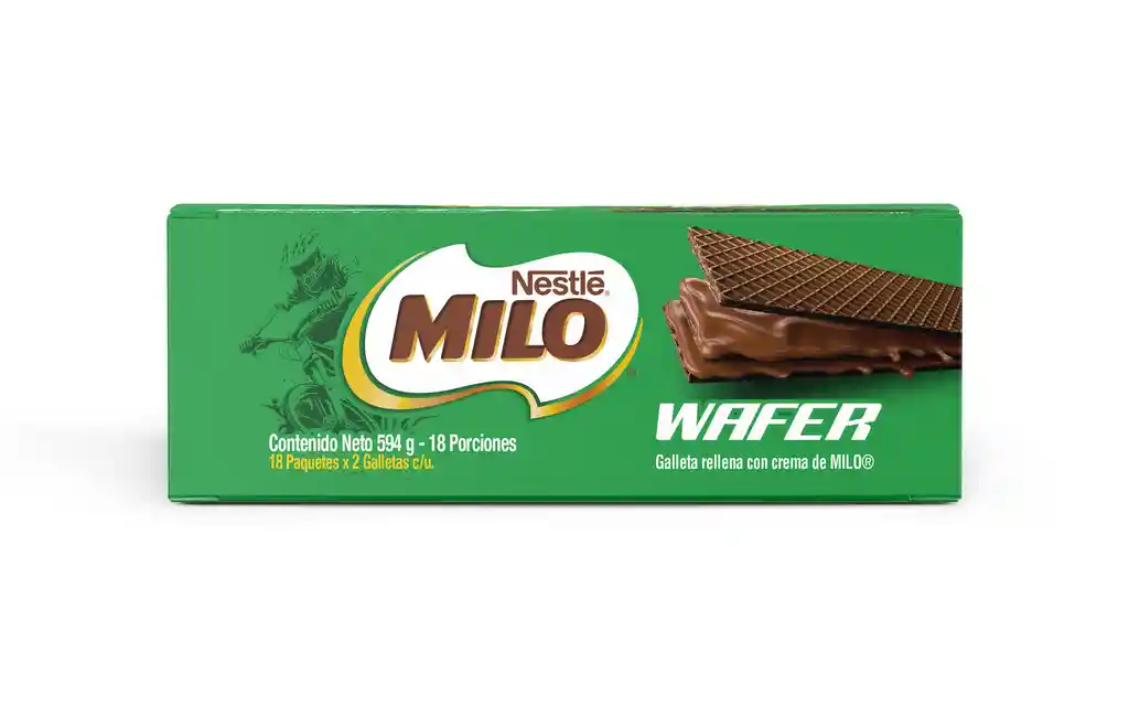 Galleta wafer de chocolate, rellena de crema de MILO 33 gr por 18 unidades