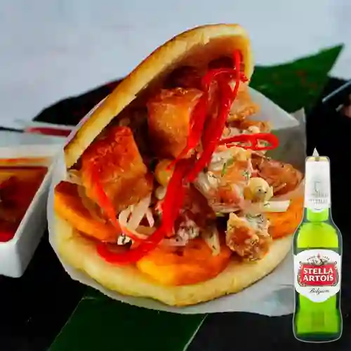 Combo Arepa Ceviche Chicharrón + Stella Artois 350ml
