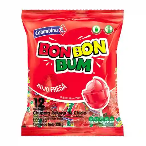 Bon Bon Bum Chupeta de Caramelo Rellena de Chicle Sabor Fresa