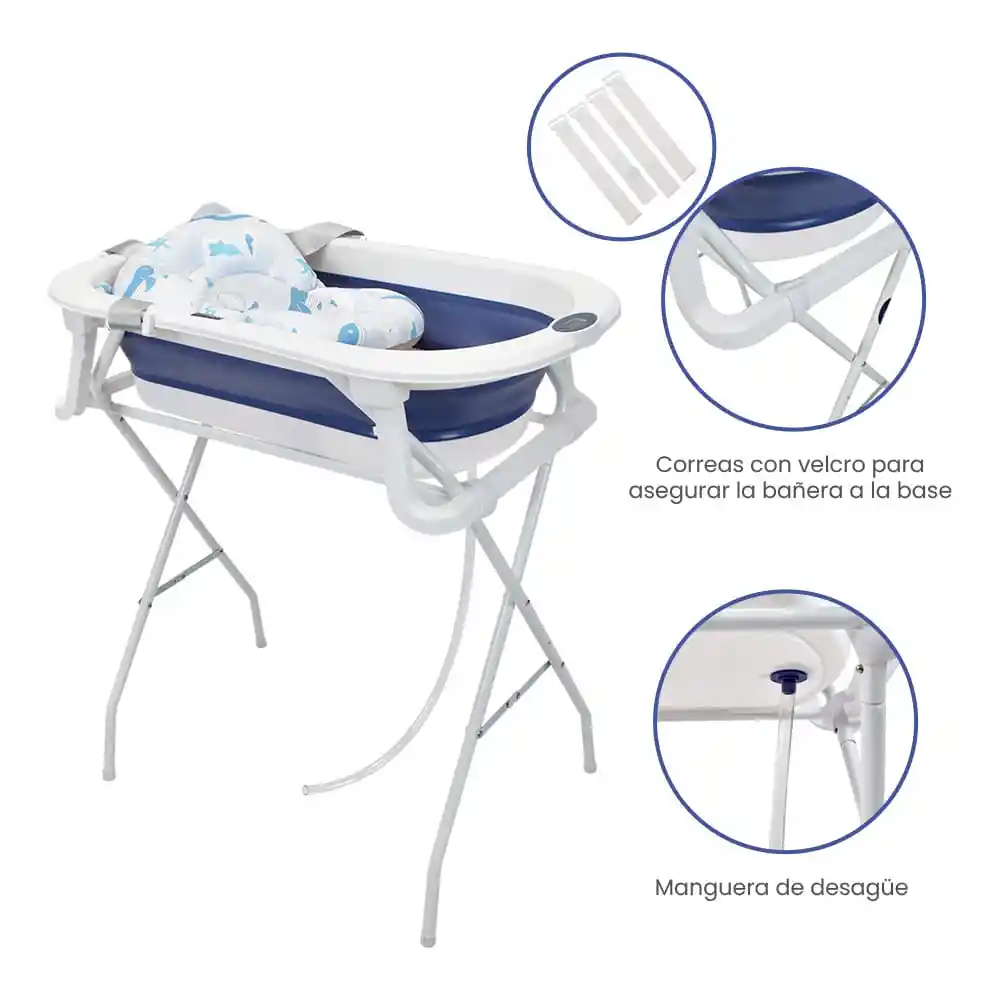 Bañera Plegable Con Base Bebé Stand Azul Happy Baby