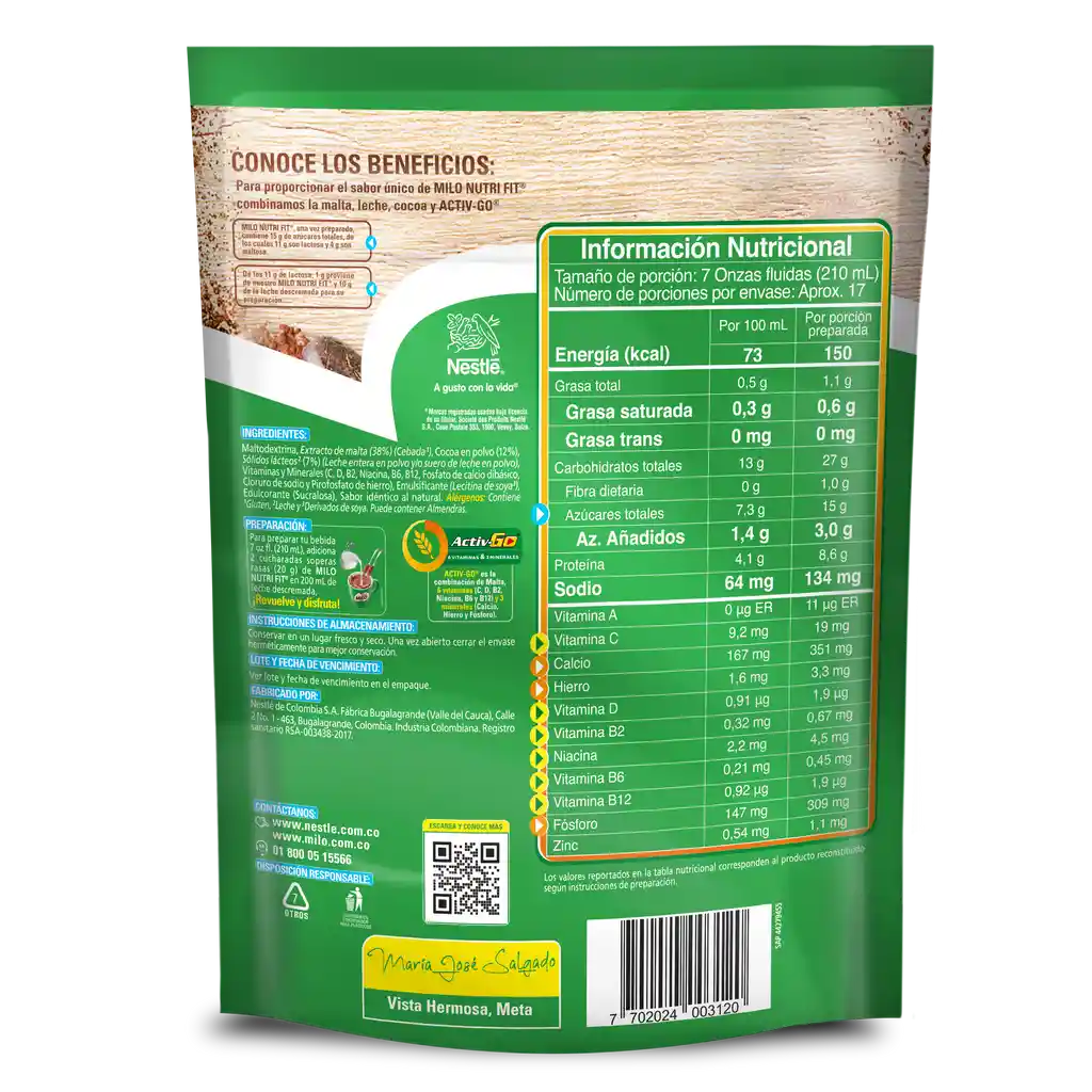 Bebida achocolatada con malta MILO NUTRIFIT menos azucares*x 350g