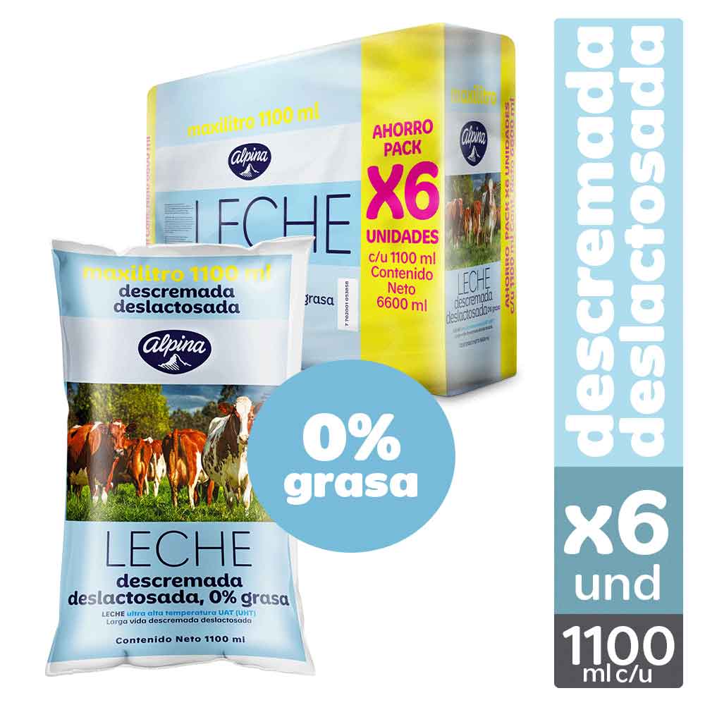 Leche Descremada Deslactosada Alpina Bolsa 6 x 1100 ml