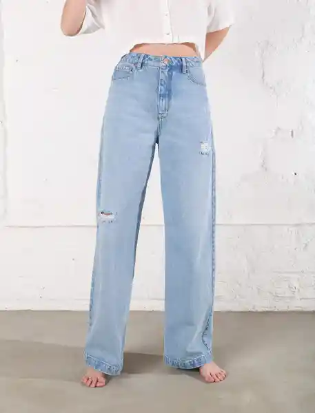 Jean Tiro Alto Con Rotos Azul Índigo Claro Talla 6 Mujer Naf Naf