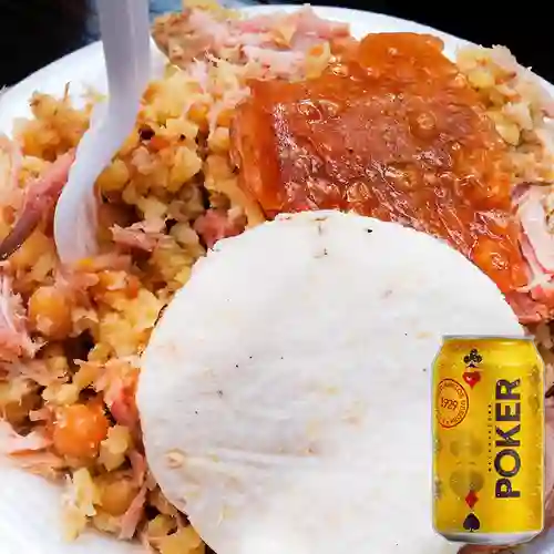 Combo Lechona Plato X 450 Gr + Cerveza Poker Lta 330ml