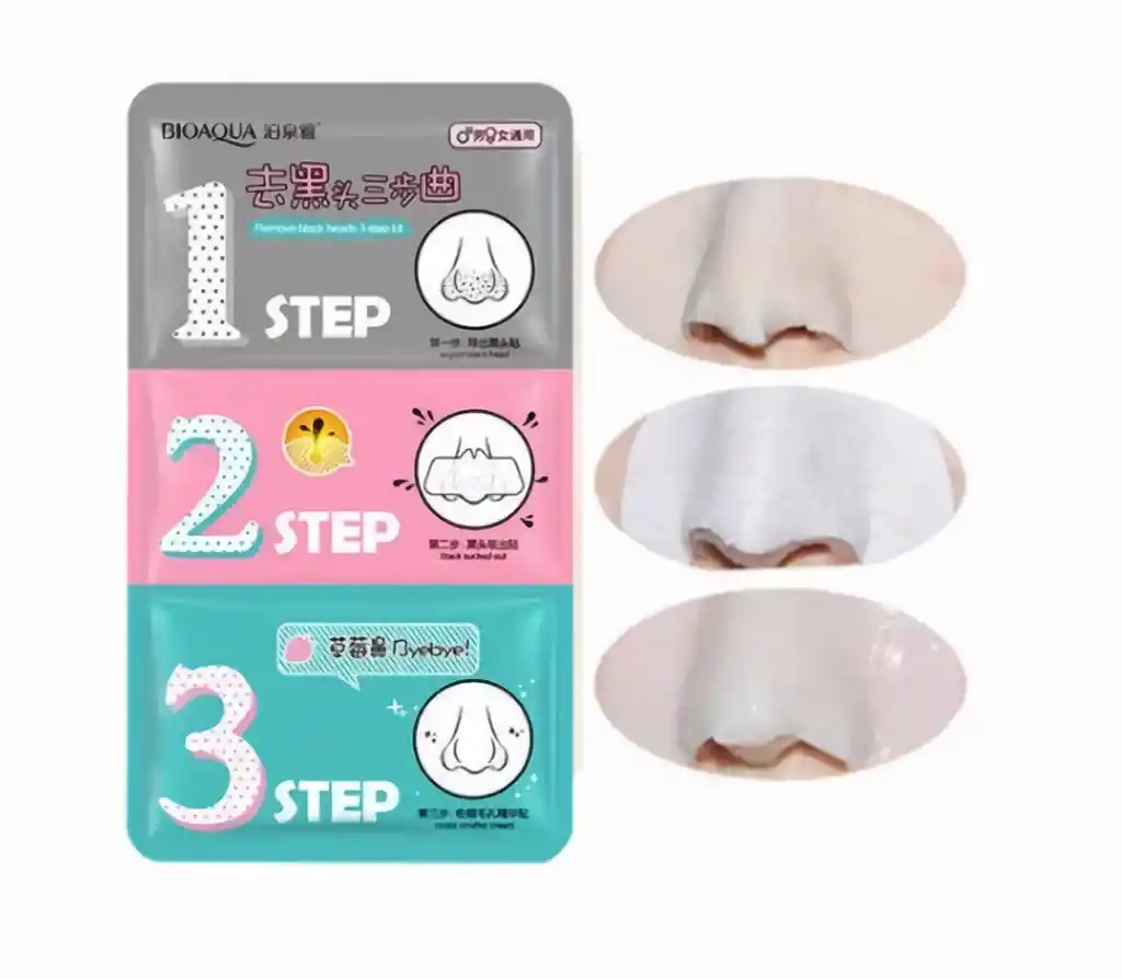 BIOAQUA 10 Mascarillas Facial Extractor Puntos Negros 3 Pasos