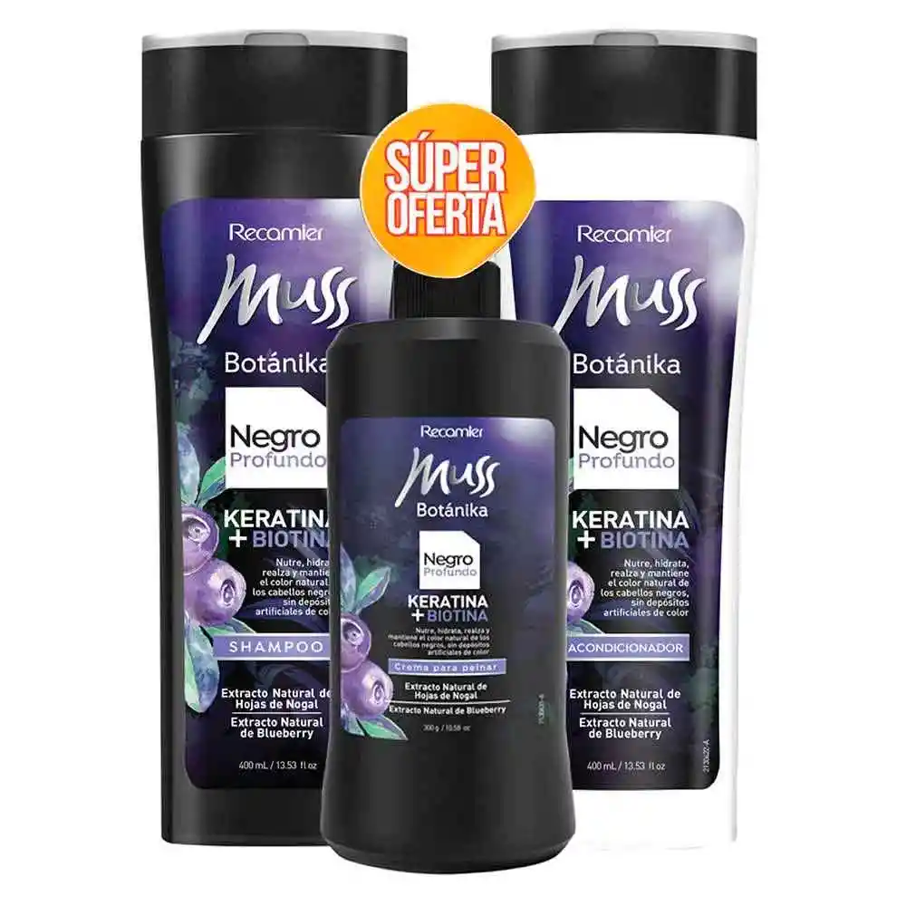 Muss Shampoo + Acondicionador + Crema para Peinar Negro Profundo