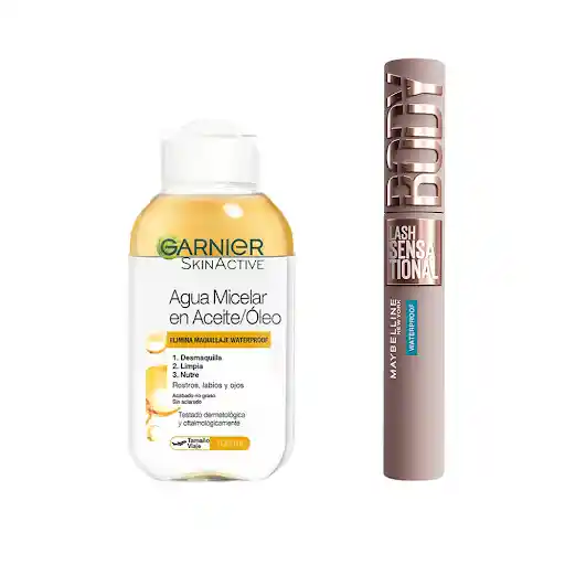 Combo Maybelline Pestañina Lash Sensational Body + Agua Micelar Bifásica de Garnier Pack