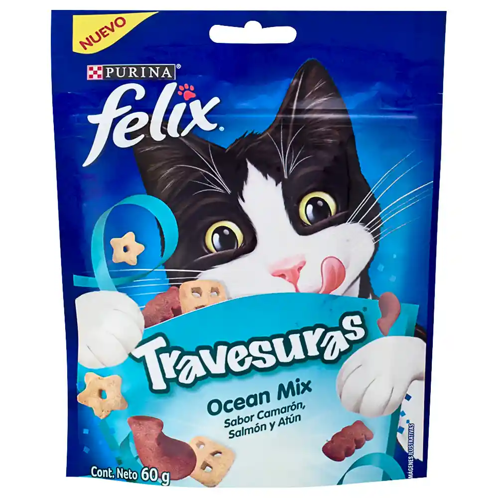 Snack para gatos adultos de todas las razas Purina Felix Travesuras sabor a Camarón, Salmón y Atún x 60gr