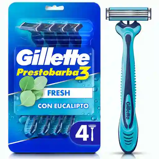 GILLETTE Prestobarba 3 Fresh Cuchilla de Afeitar con Eucalipto Máquina de Afeitar Hombre Desechable Afeitada Refrescante Afeitadora para Barba 4 Uds