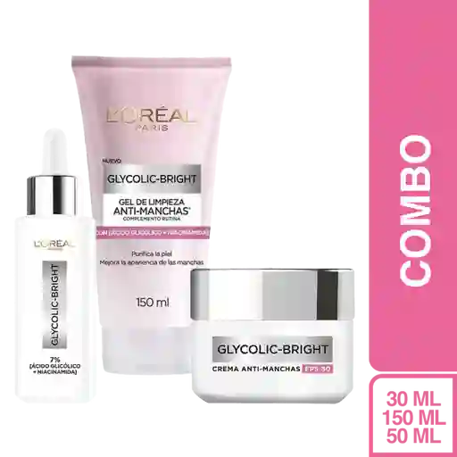 Combo L'Oréal Paris Ácido Glicólico + Crema Día + Gel Limpiador