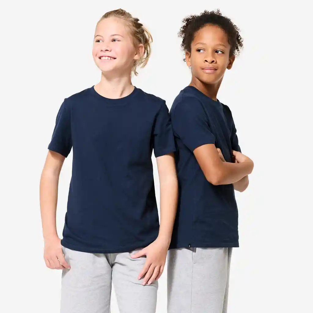 Camiseta de Fitness Manga Corta Unisex Para Niños Domyos 500 Azul Oscuro