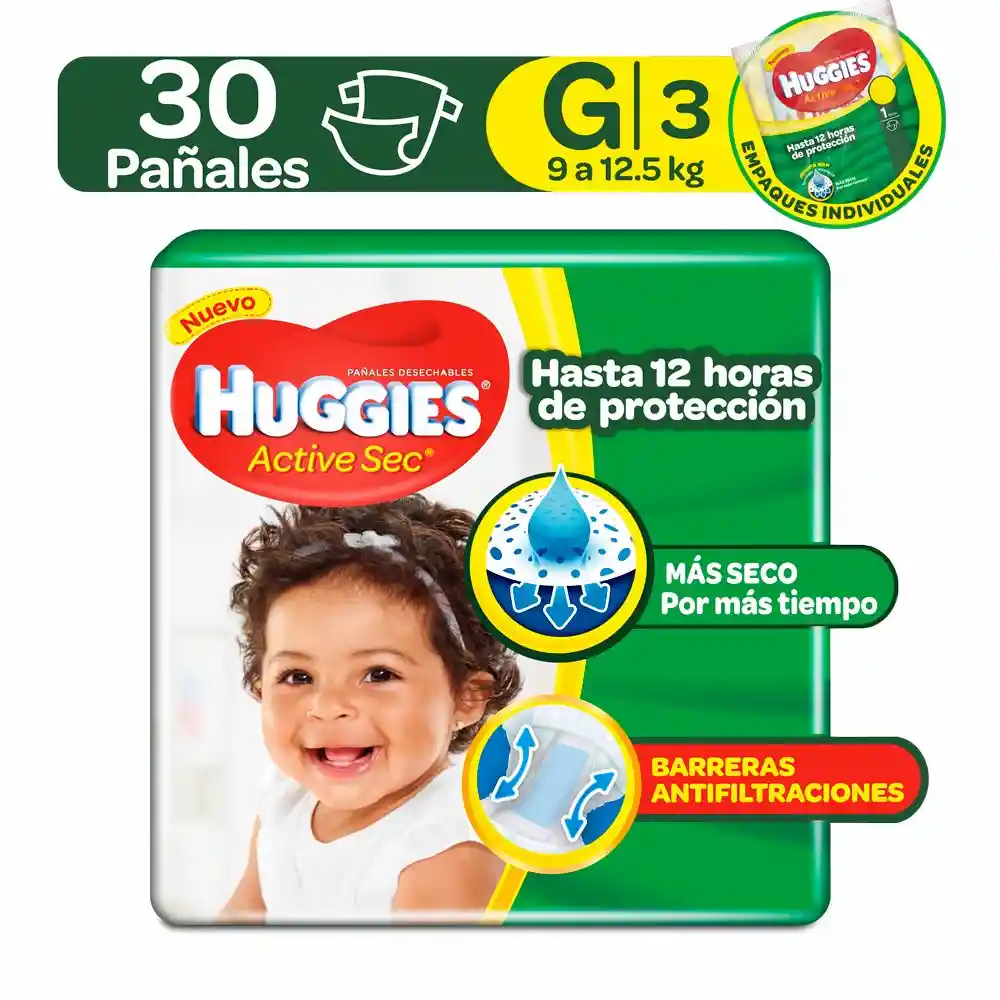 Pañales Huggies Active Sec Etapa 3 Pack con 30 Unidades