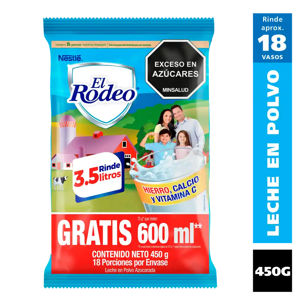 Leche en polvo EL RODEO azucarada x 450g gratis 75g
