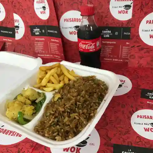 Arroz, Tiras de Lomo de Pollo, Papas y Bebida