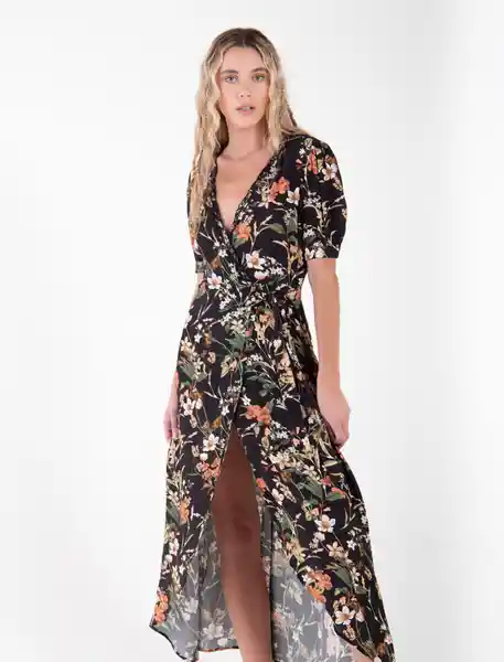 Vestido Largo Manga Corta Negro Noche Estampado Talla S Mujer Naf Naf