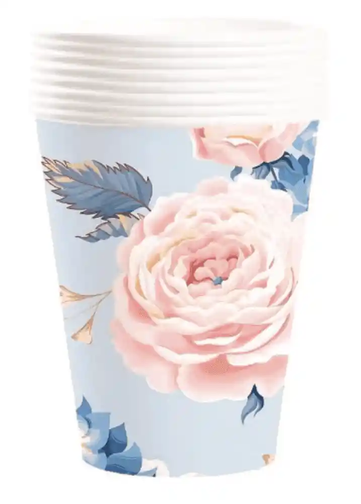 Playmart Flor Azul y Palo Rosa Vaso de Papel 9 Oz -