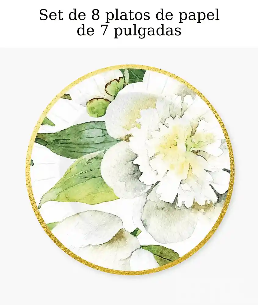 Playmart Verde y Flores Blancas Plato de Papel 7 In -
