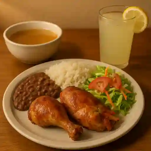 Almuerzo 1/4 de pollo asado con bandeja